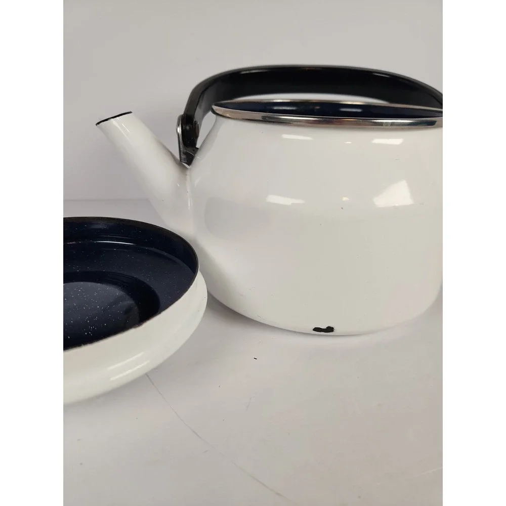 Vintage Siam Fuji Ware White Enamelware Tea Kettle 2 Qt Thailand Blue Interior